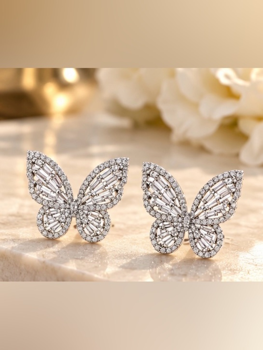 Silver Tone Rhinestone Butterfly Stud Earrings Sparkly Statement Jewelry